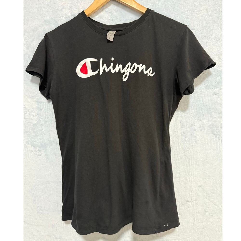 Cotton Heritage XL Chingona Graphic Tee Black Cursive Script Latina Shirt Kiss